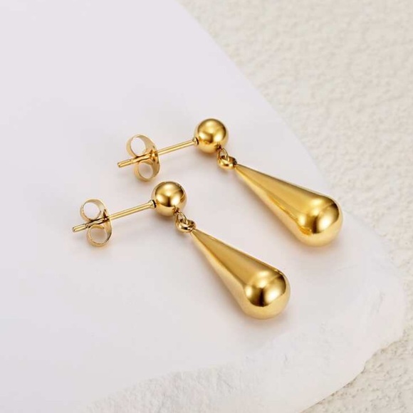 18k Golf Plated Stainless Steel Beaded Dangle Earrings Water Drop - Picture 3 of 4